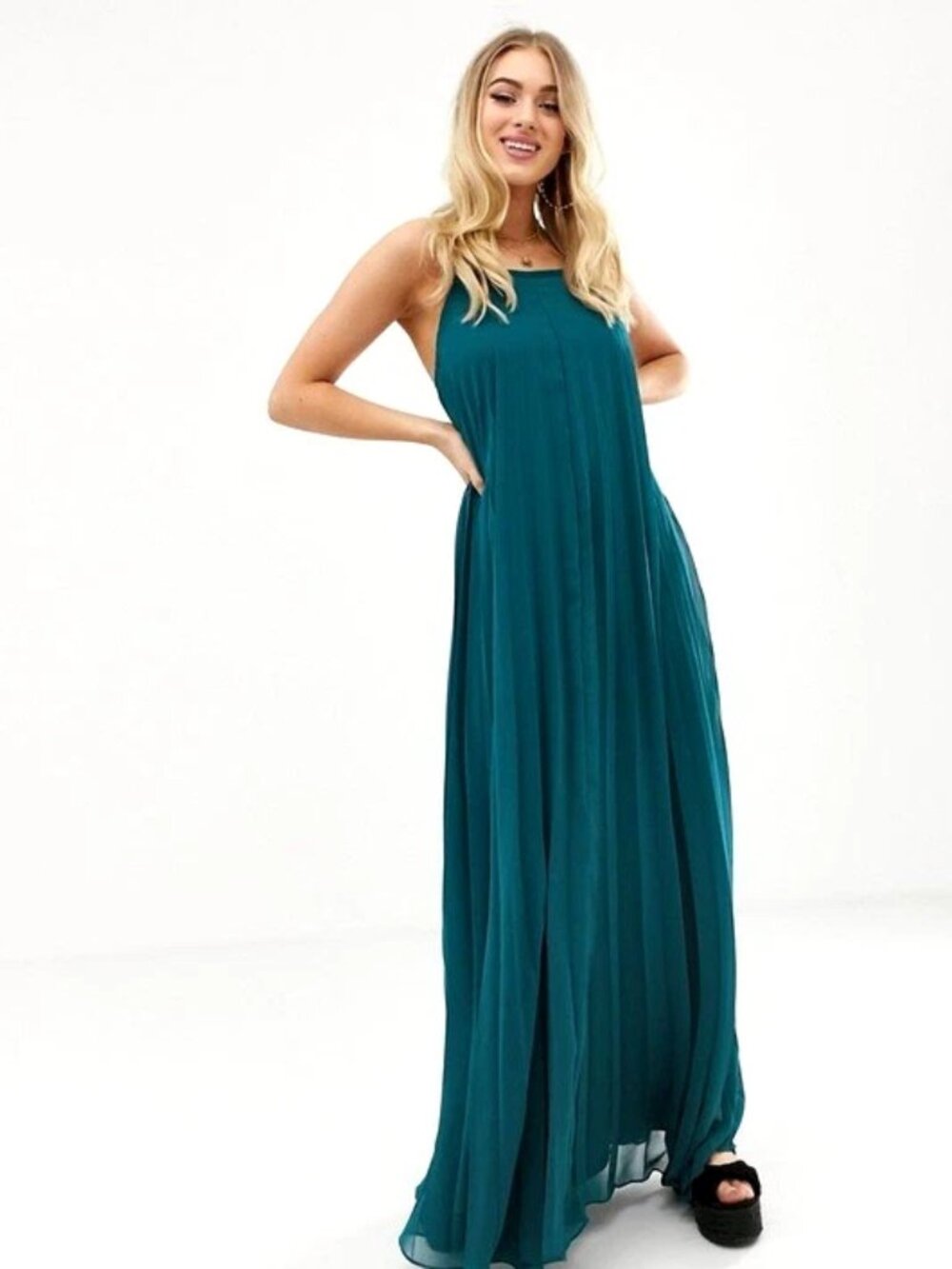 ✨NEW Modern MISSGUIDED Flowy Maxi Long Dress Pleated Aqua Green Paris Gypsy €149
